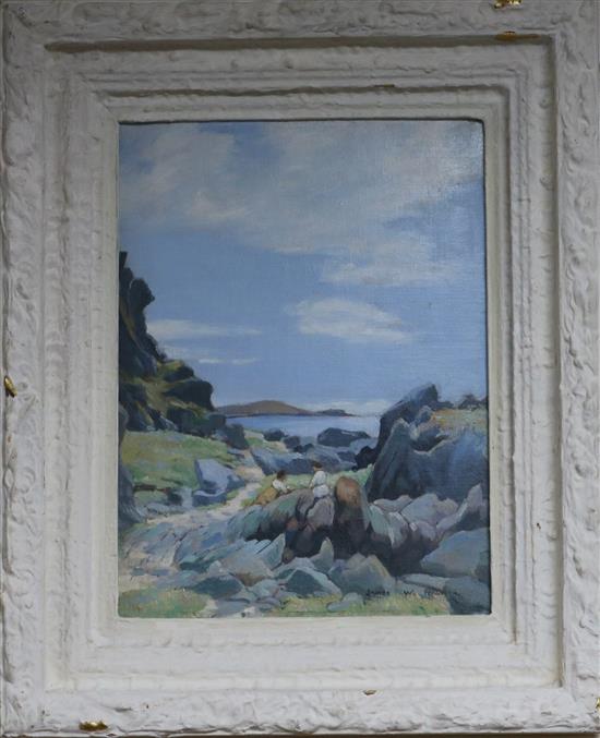 § James W Ferguson (1916-1963) oil on canvas laid on board, figures in a coastal landscape, signed, 32 x 24cm